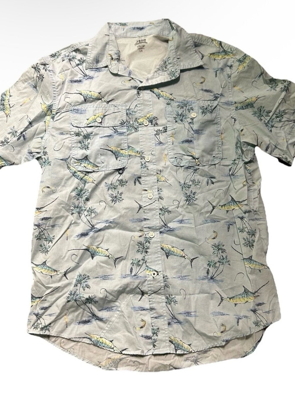 Men’s Izod Saltwater Fishing Button Down Short Sleeve Shirt Swordfish Size Large